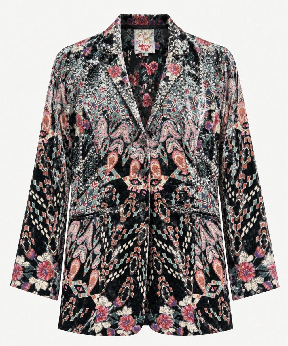 Johnny Was Floral Velvet Silk Blend Button Blazer Jacket Large Multicolour Boho